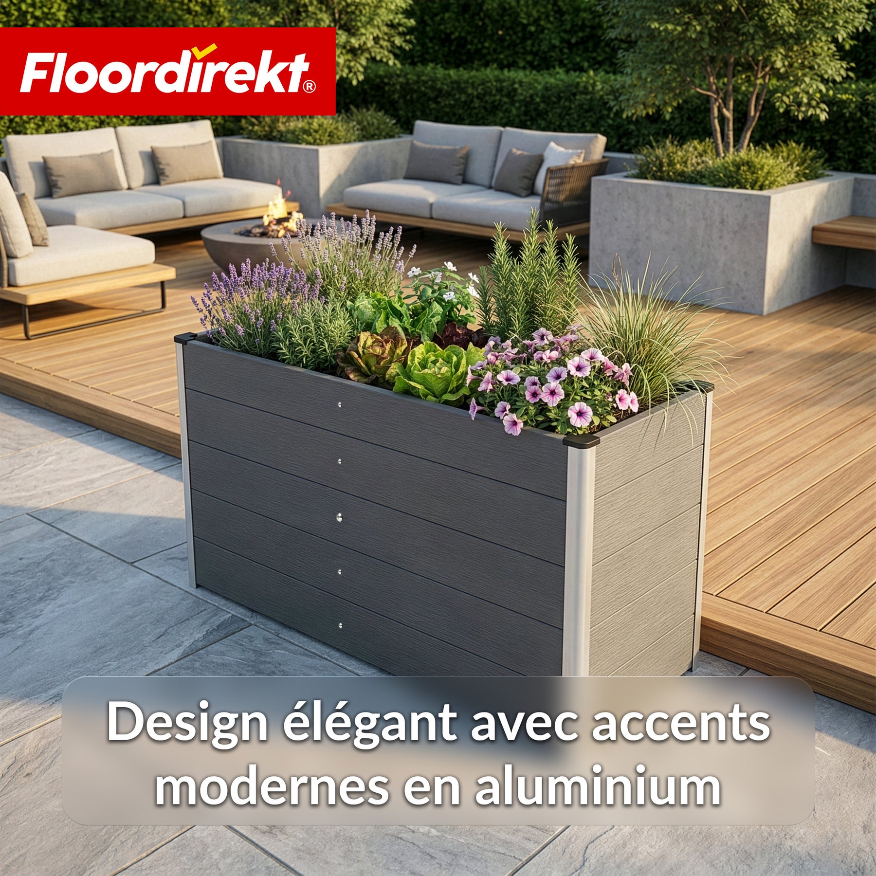 Carré potager surélevé en WPC | Delos | 150x70x75 cm | Extra stable avec barre de renfort | Anthracite | Angles en aluminium