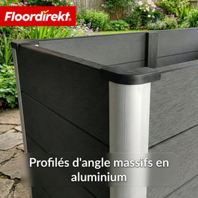 Carré potager surélevé en WPC | Delos | 150x70x75 cm | Extra stable avec barre de renfort | Anthracite | Angles en aluminium