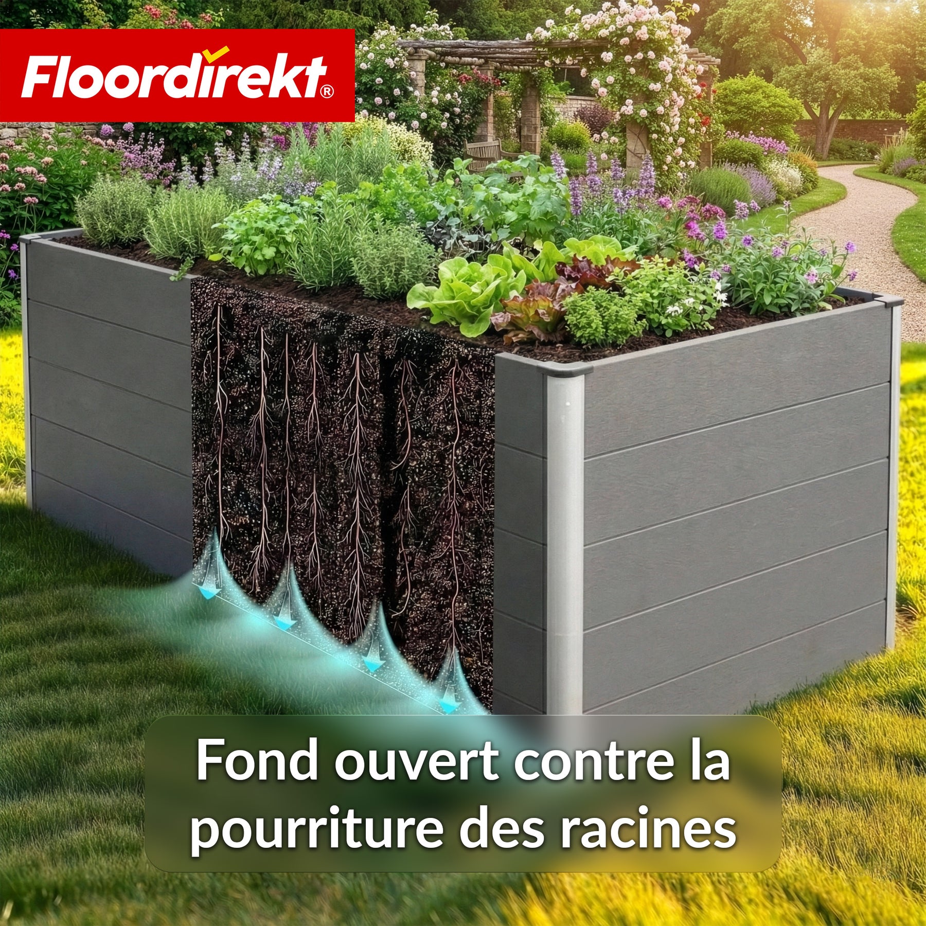 Bac surélevé en WPC | Kasos | 150 x 70 x 75 cm | Anthracite | Résistant aux intempéries, ergonomique & durable | Fond ouvert pour éviter l'accumulation d'eau