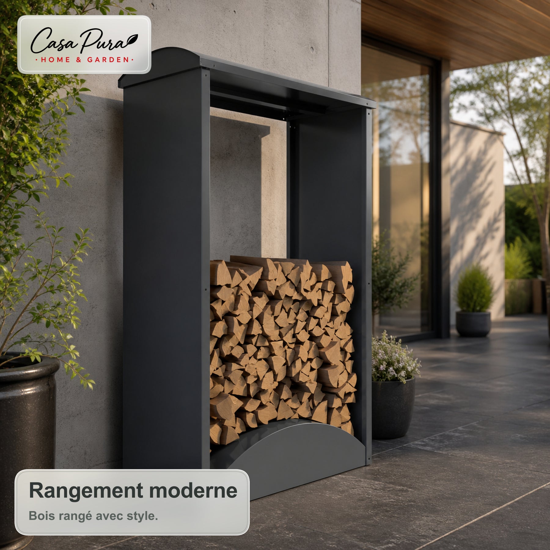 Porte-bûches | Alexis | Rangement à bois en acier galvanisé | Toit bombé | 98,4 × 52,4 × 160 cm