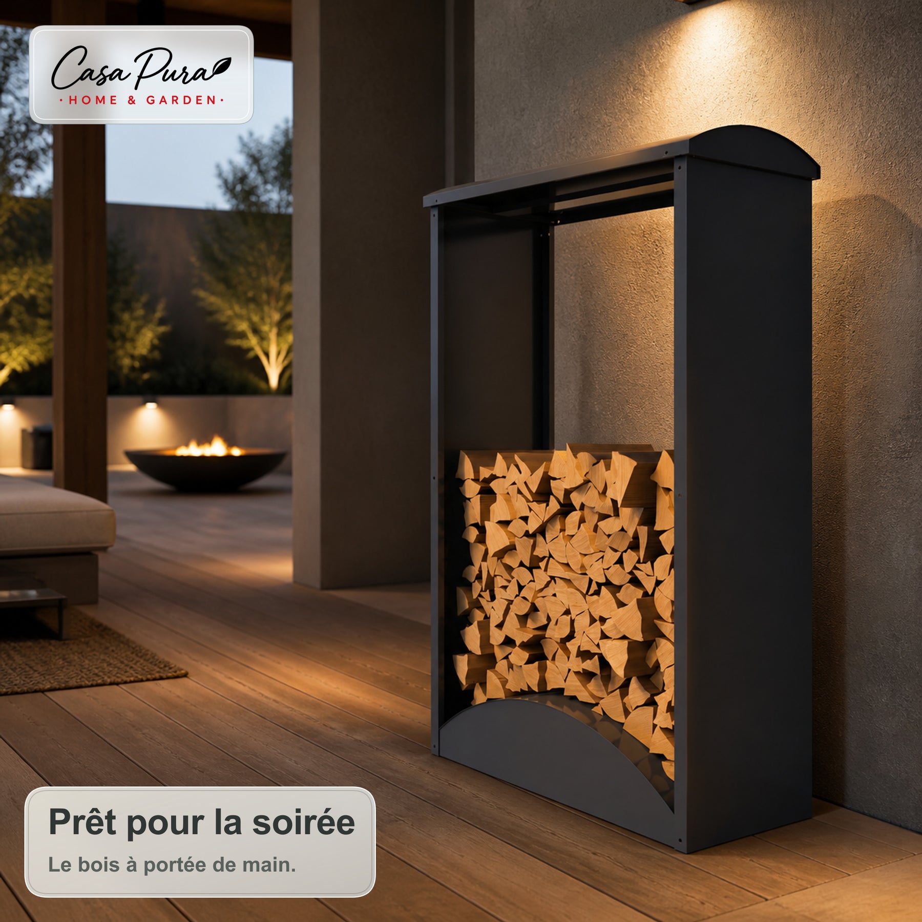 Porte-bûches | Alexis | Rangement à bois en acier galvanisé | Toit bombé | 98,4 × 52,4 × 160 cm
