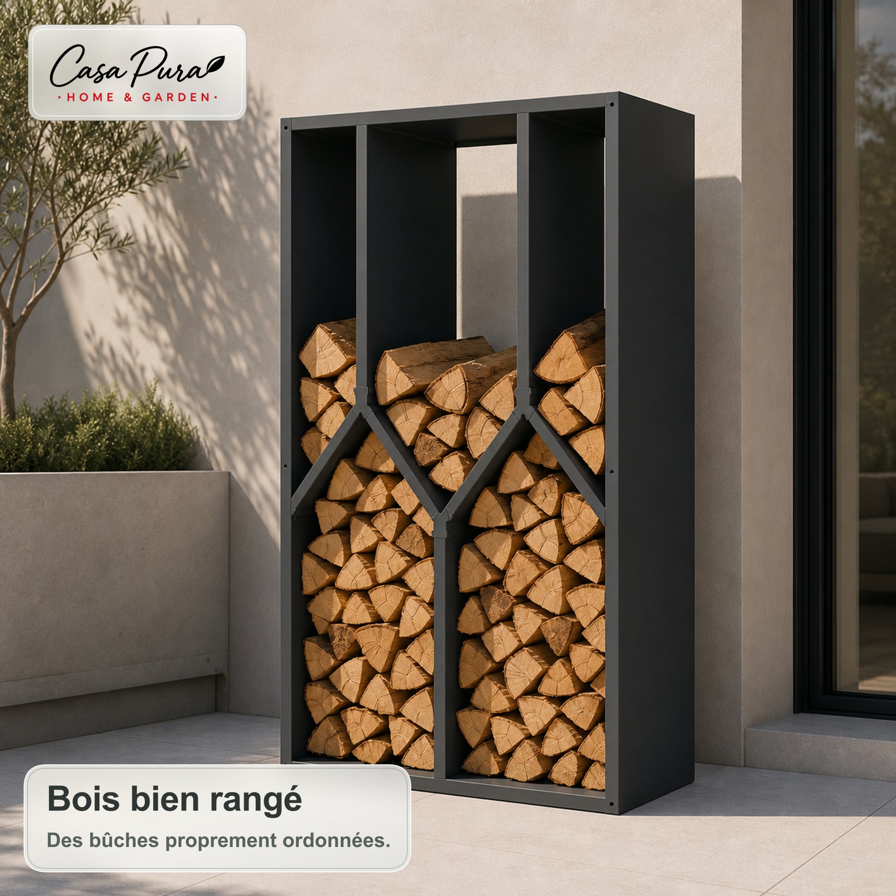 Porte-bûches | Nikos | Rangement à bois en acier galvanisé | Design arbre | 95 × 50 × 160 cm