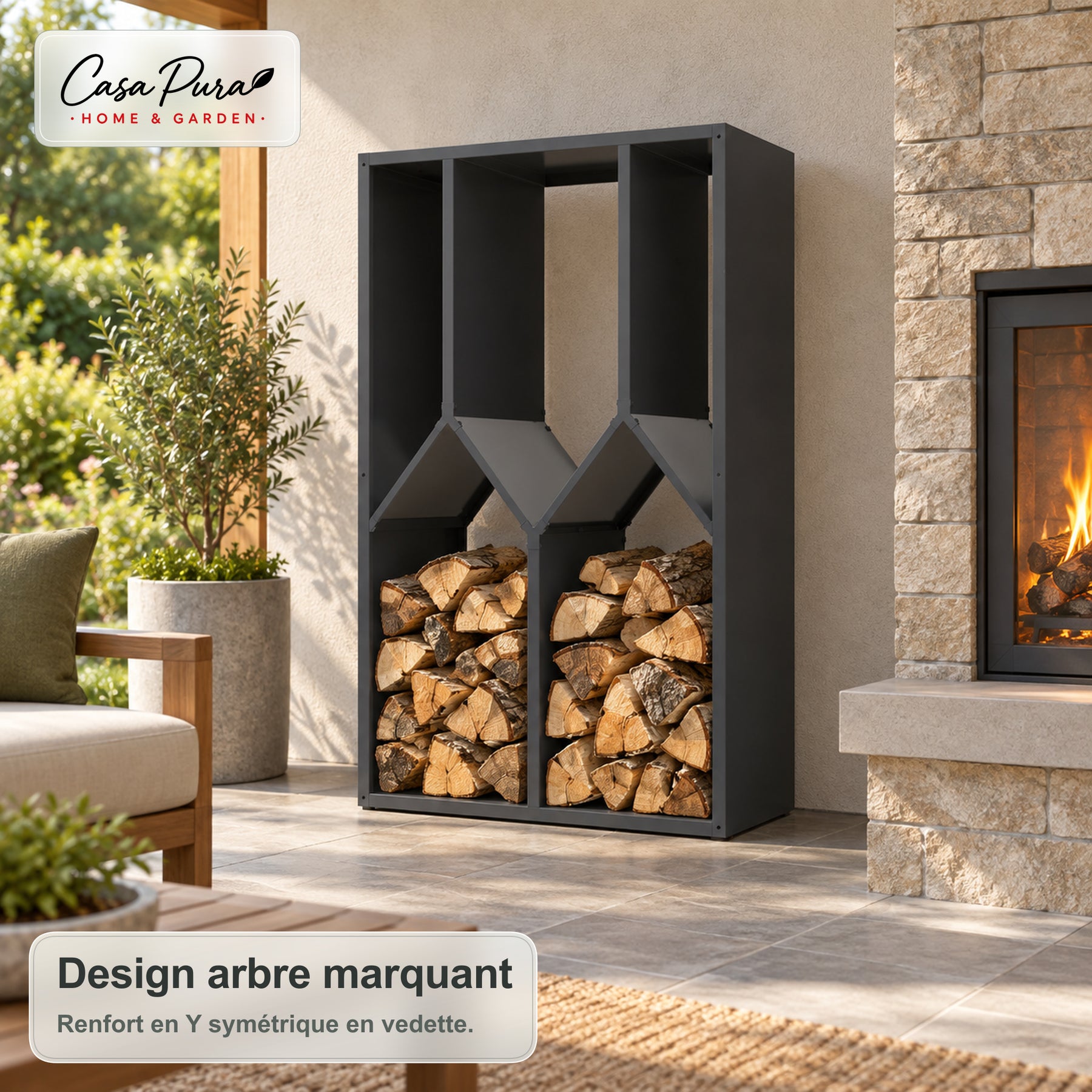 Porte-bûches | Nikos | Rangement à bois en acier galvanisé | Design arbre | 95 × 50 × 160 cm