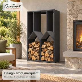 Porte-bûches | Nikos | Rangement à bois en acier galvanisé | Design arbre | 95 × 50 × 160 cm