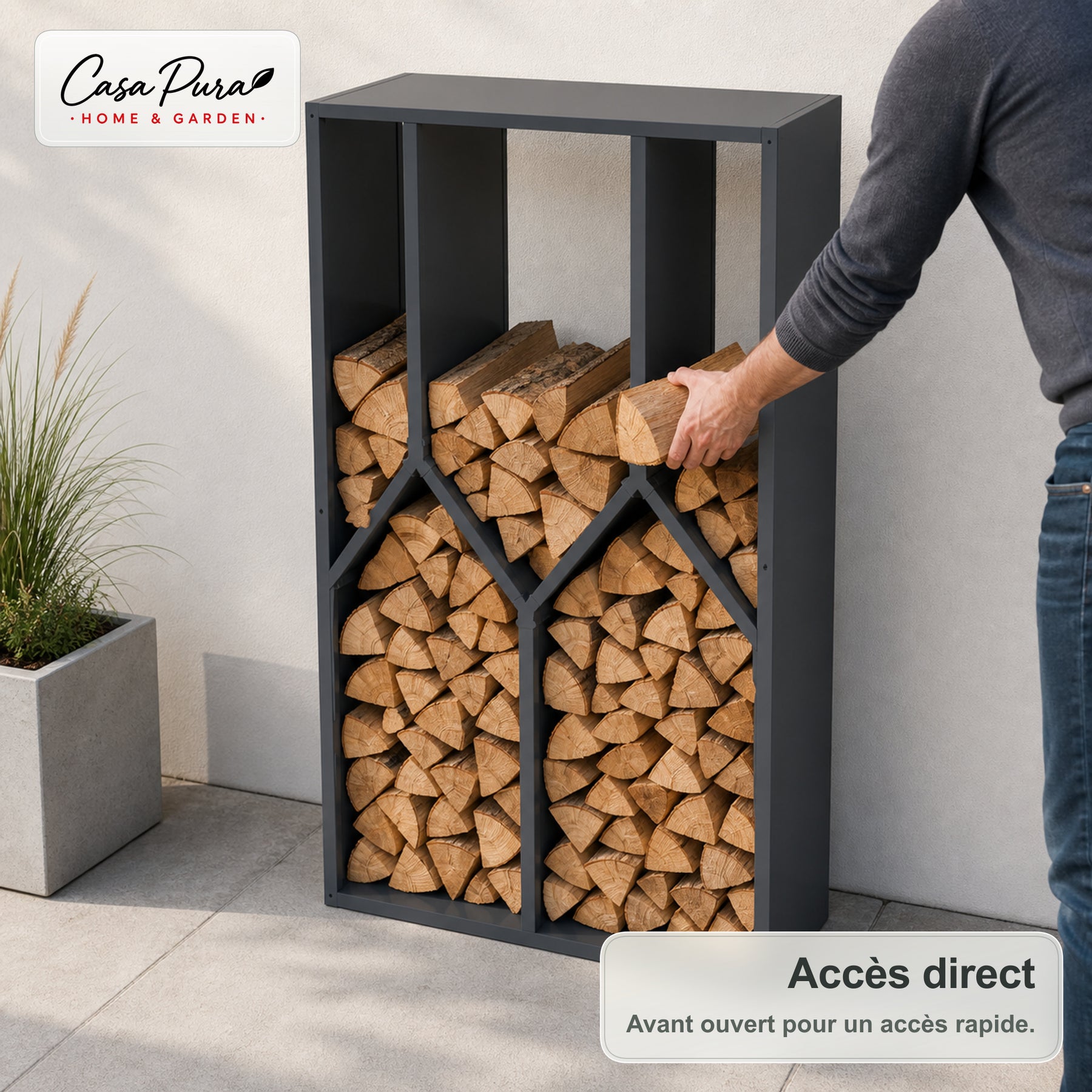 Porte-bûches | Nikos | Rangement à bois en acier galvanisé | Design arbre | 95 × 50 × 160 cm