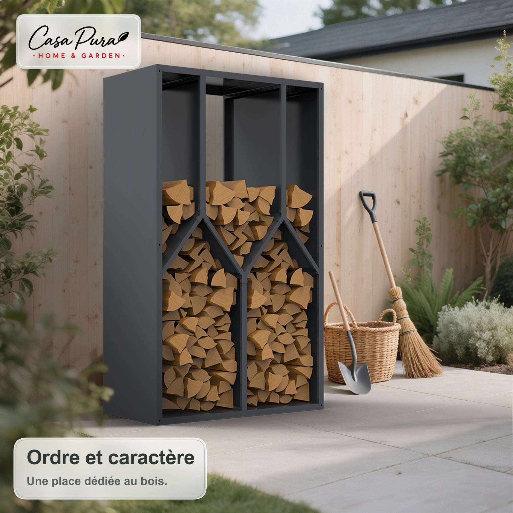 Porte-bûches | Nikos | Rangement à bois en acier galvanisé | Design arbre | 95 × 50 × 160 cm