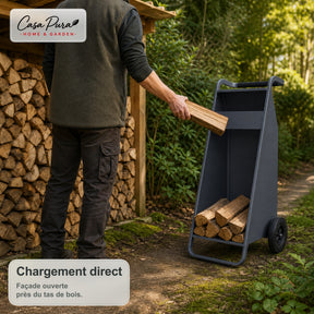Porte-bûches | Paolo | Rangement à bois mobile avec 2 roues & poignée rembourrée | 43 × 56 × 116 cm