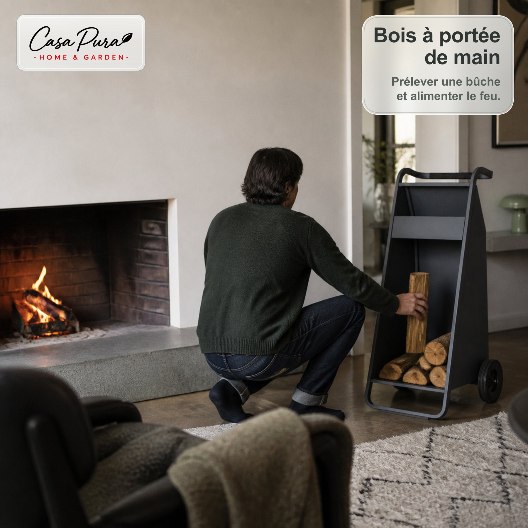 Porte-bûches | Paolo | Rangement à bois mobile avec 2 roues & poignée rembourrée | 43 × 56 × 116 cm