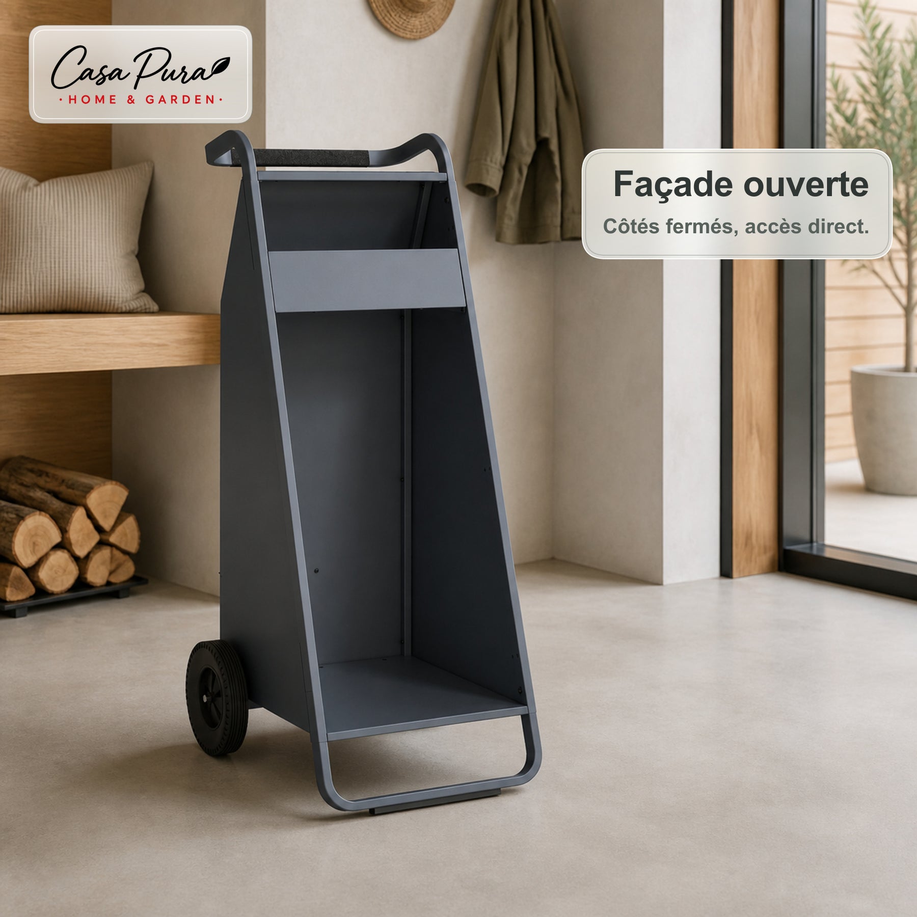 Porte-bûches | Paolo | Rangement à bois mobile avec 2 roues & poignée rembourrée | 43 × 56 × 116 cm
