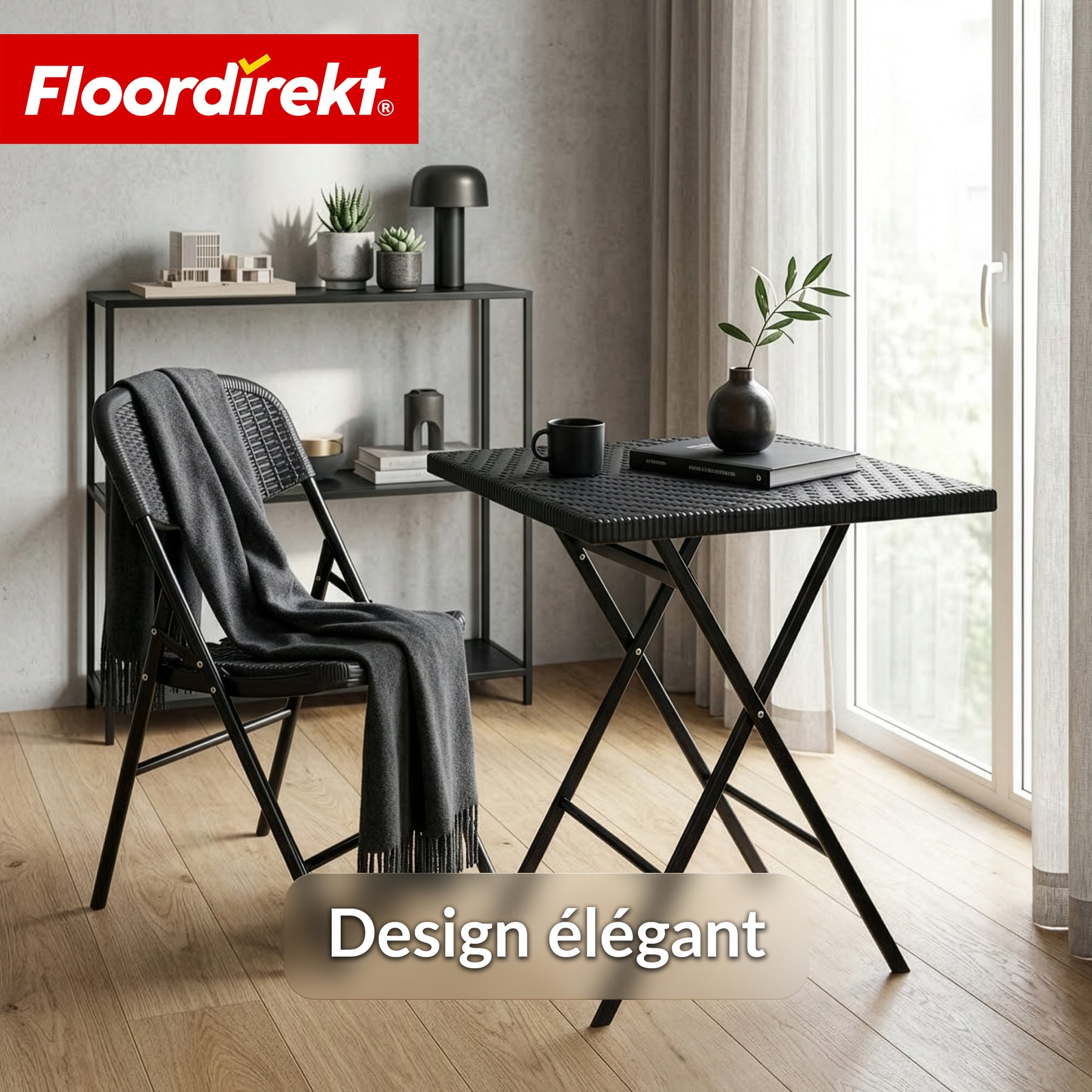 Table pliante | Kobe | Table de jardin pliante noire en effet rotin | 60 × 60 cm