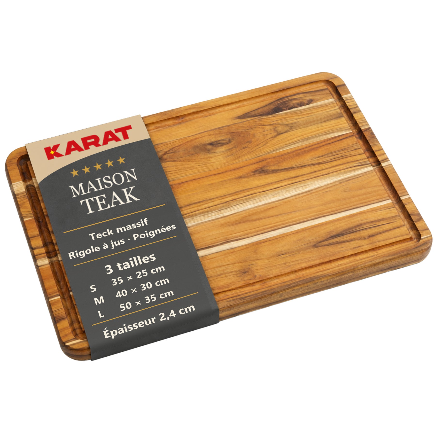Planche à découper | Maison Teak Edge Grain | Teck massif avec rainure à jus & poignées | 3 tailles