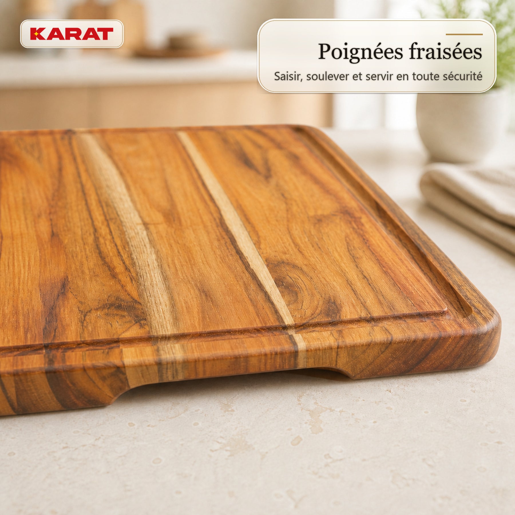 Planche à découper | Maison Teak Edge Grain | Teck massif avec rainure à jus & poignées | 3 tailles