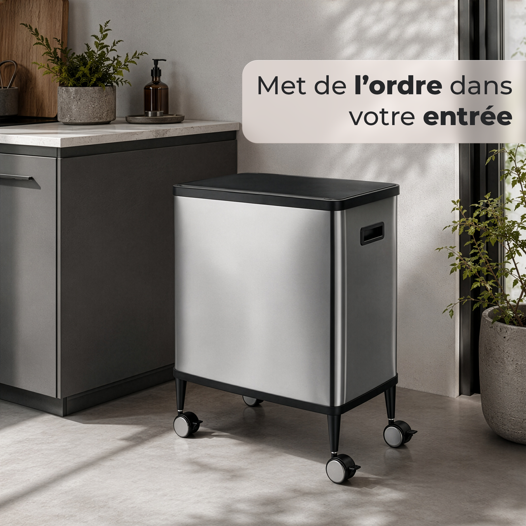 Poubelle | Tyler | Poubelle à capteur en acier inoxydable | Tri des déchets 2 × 24 L | Roulettes avec freins