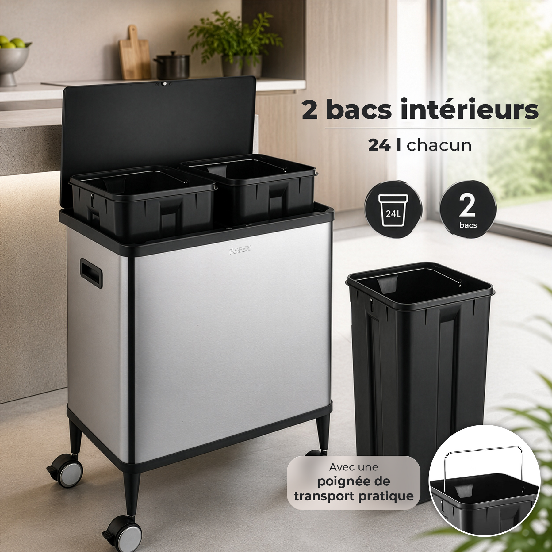 Poubelle | Tyler | Poubelle à capteur en acier inoxydable | Tri des déchets 2 × 24 L | Roulettes avec freins
