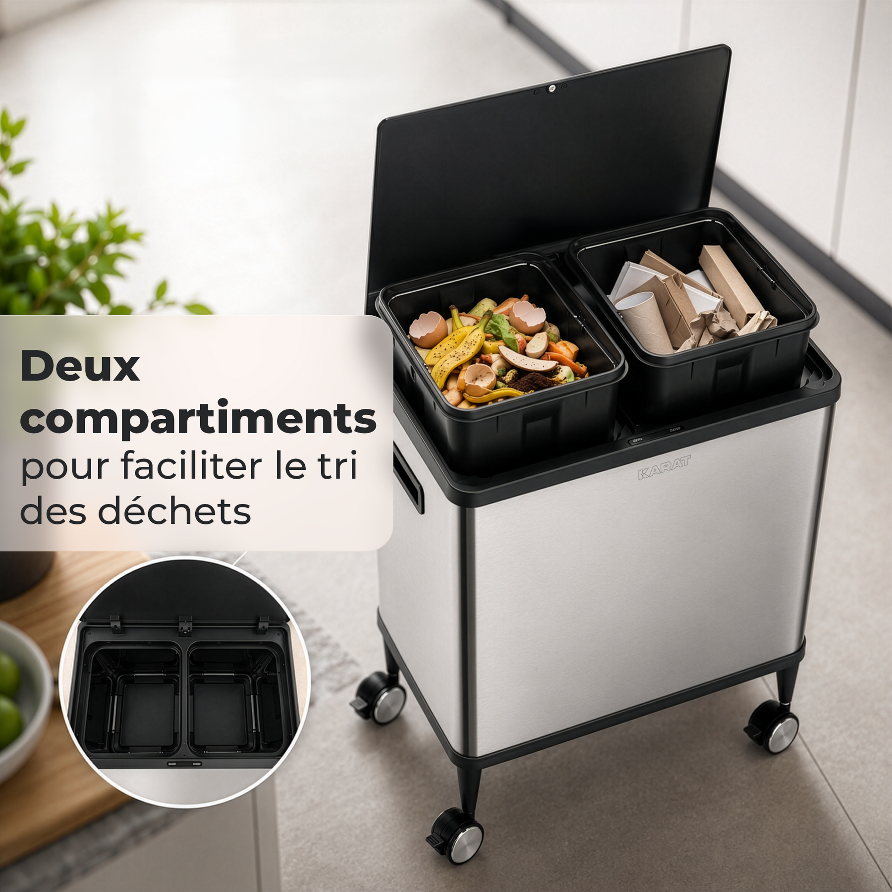 Poubelle | Tyler | Poubelle à capteur en acier inoxydable | Tri des déchets 2 × 24 L | Roulettes avec freins