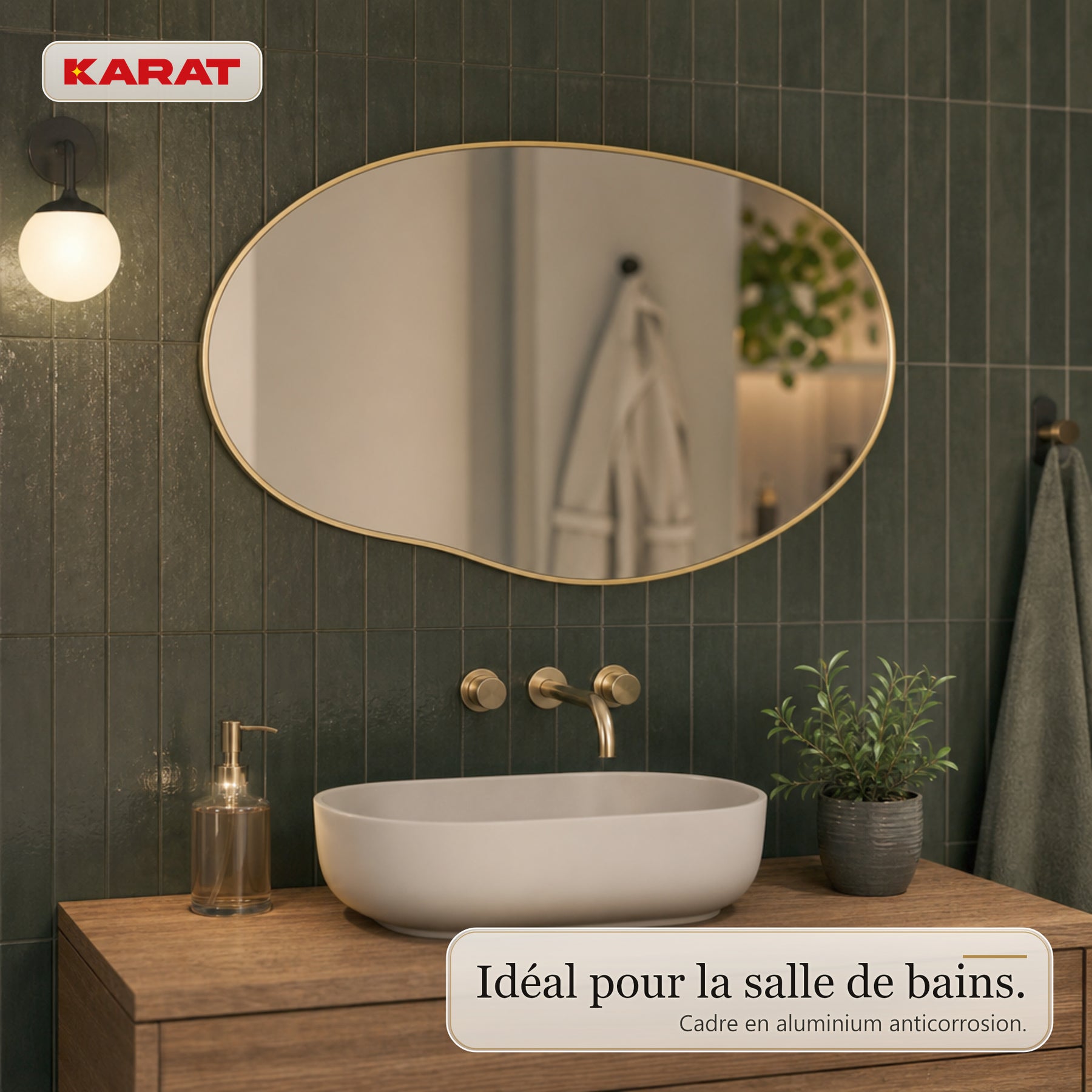Miroir mural | Lena | Miroir organique avec cadre en aluminium champagne | 60 × 90 cm