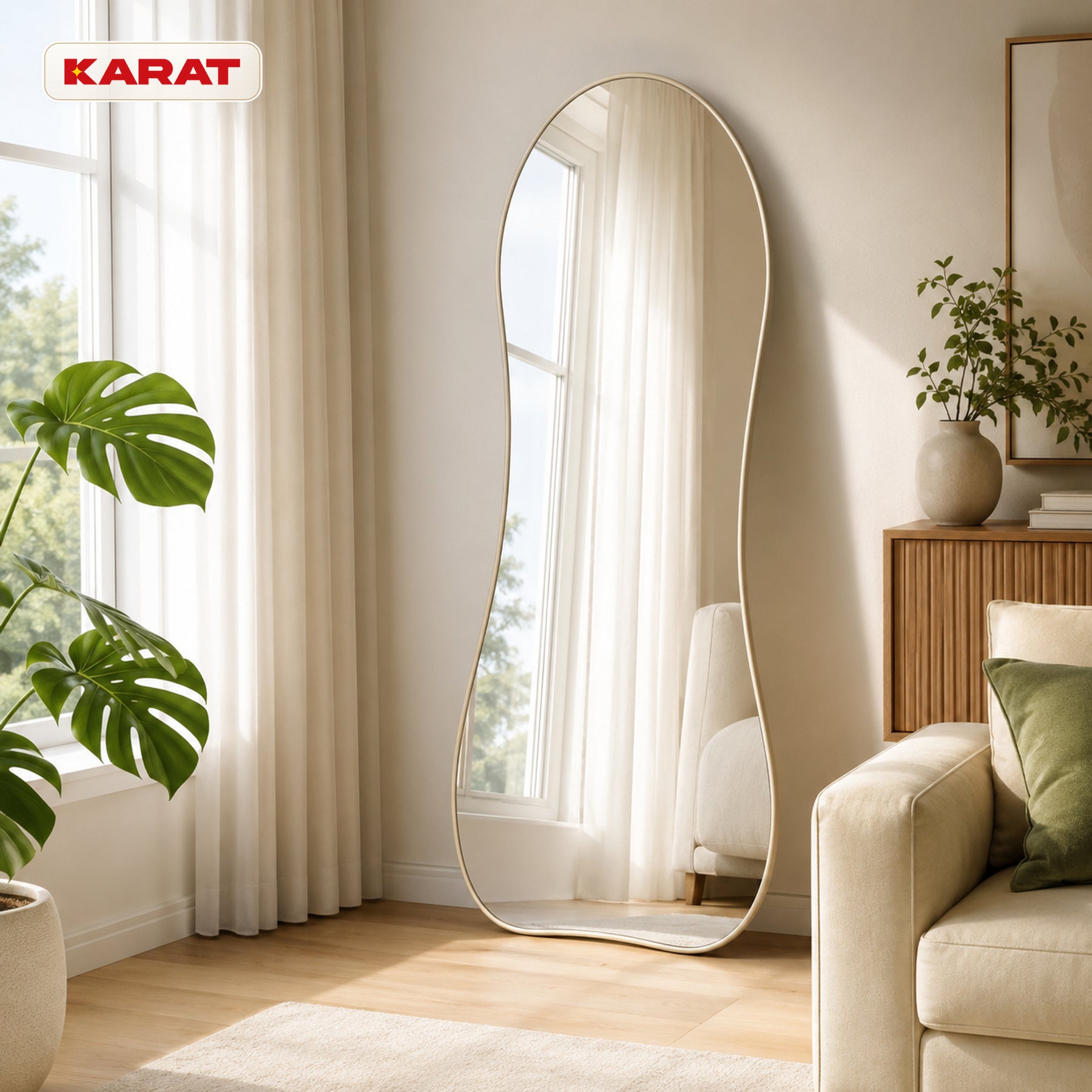 Miroir sur pied Mila | Miroir mural organique avec cadre en aluminium blanc crème | 65 × 150 cm