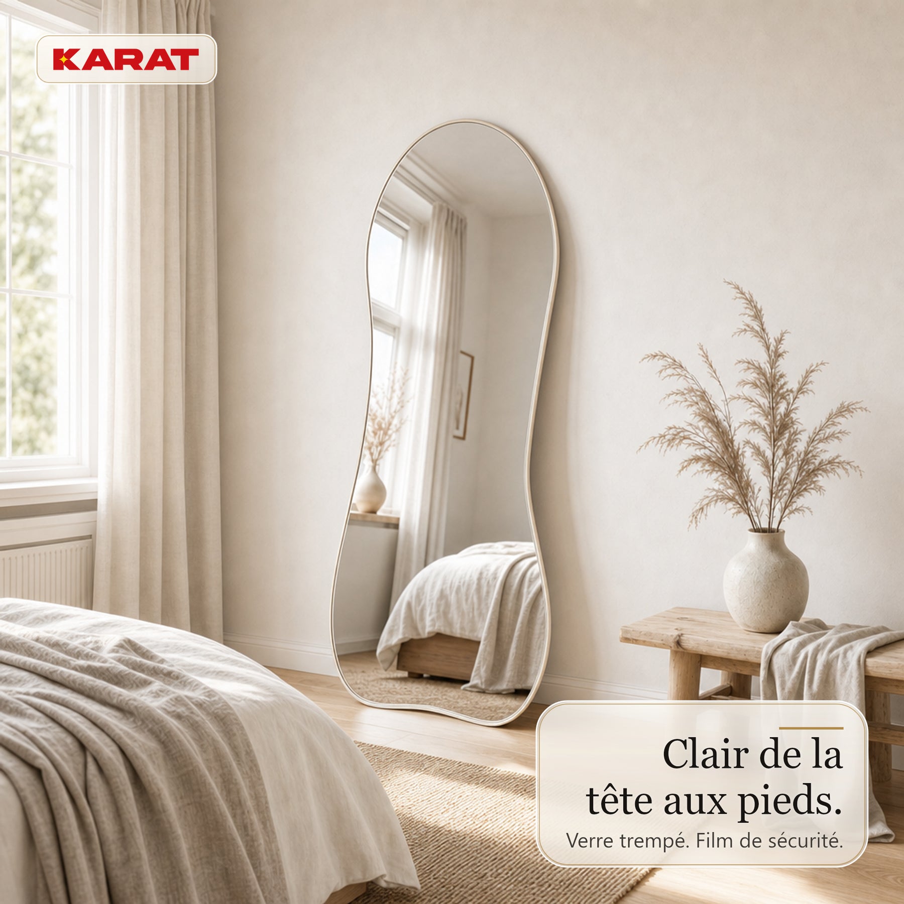 Miroir sur pied Mila | Miroir mural organique avec cadre en aluminium blanc crème | 65 × 150 cm
