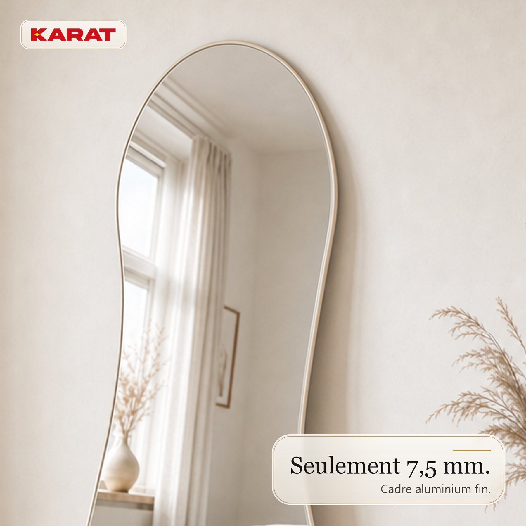 Miroir sur pied Mila | Miroir mural organique avec cadre en aluminium blanc crème | 65 × 150 cm