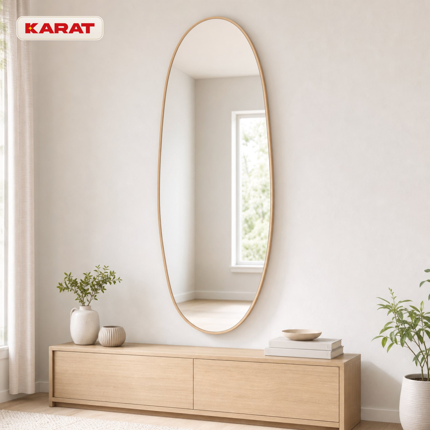 Miroir pleine longueur | Nina | Miroir mural organique avec cadre en aluminium aspect bois | 65 × 150 cm
