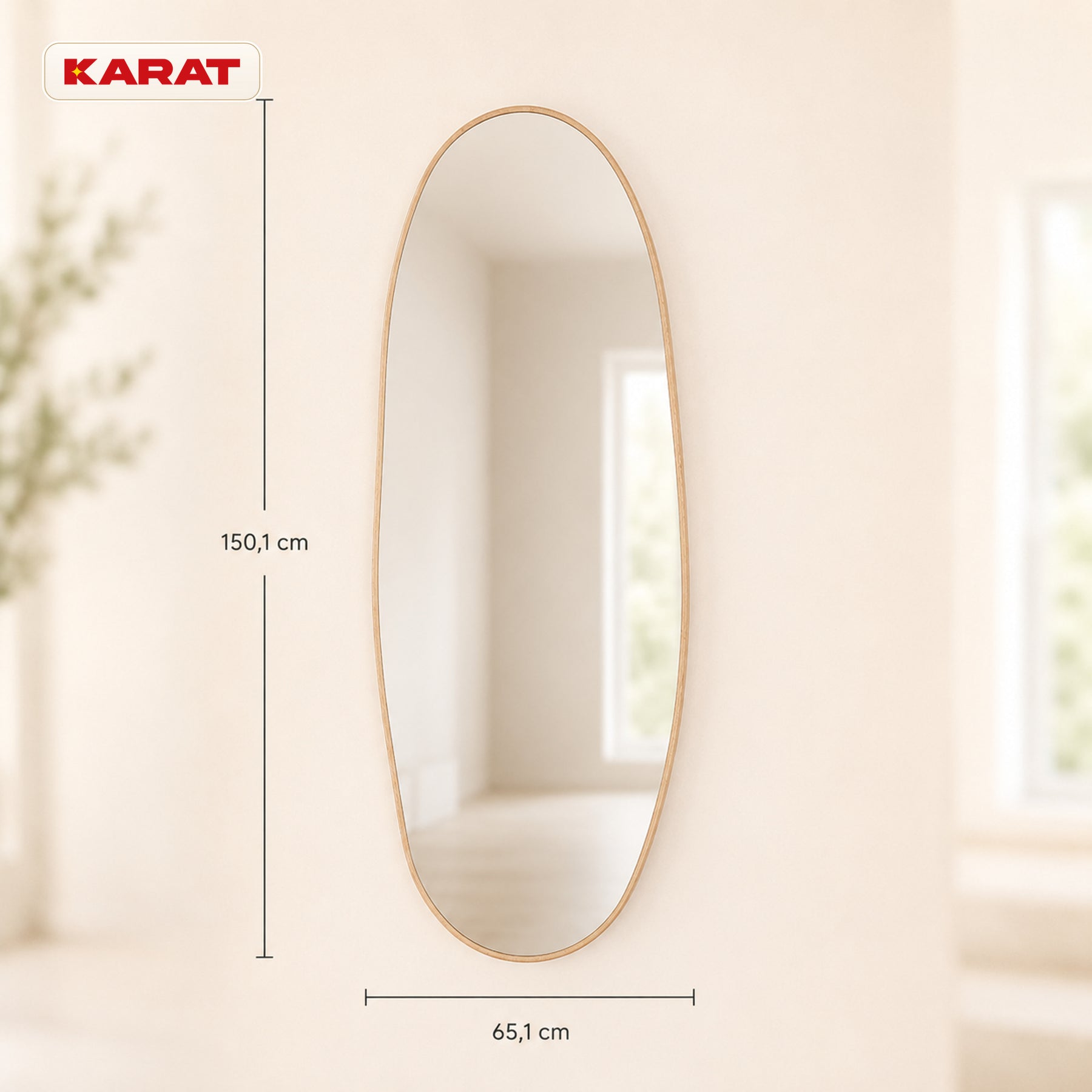 Miroir pleine longueur | Nina | Miroir mural organique avec cadre en aluminium aspect bois | 65 × 150 cm