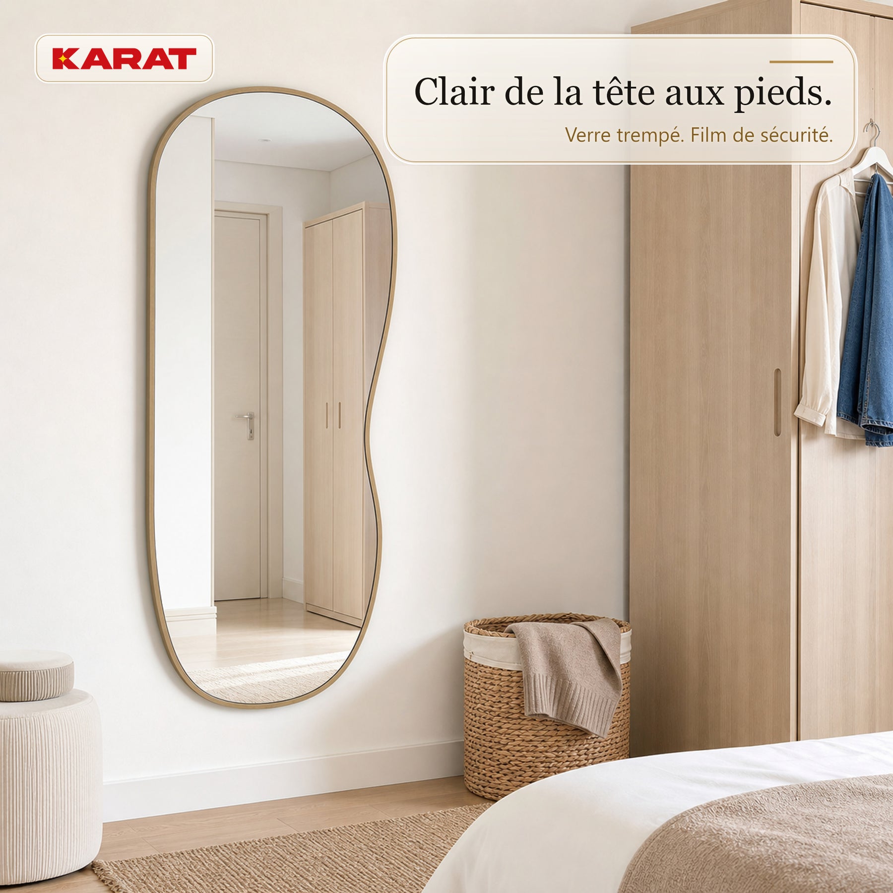 Miroir mural | Serena | Miroir pleine longueur organique avec cadre en aluminium aspect bois | 60 × 120 cm