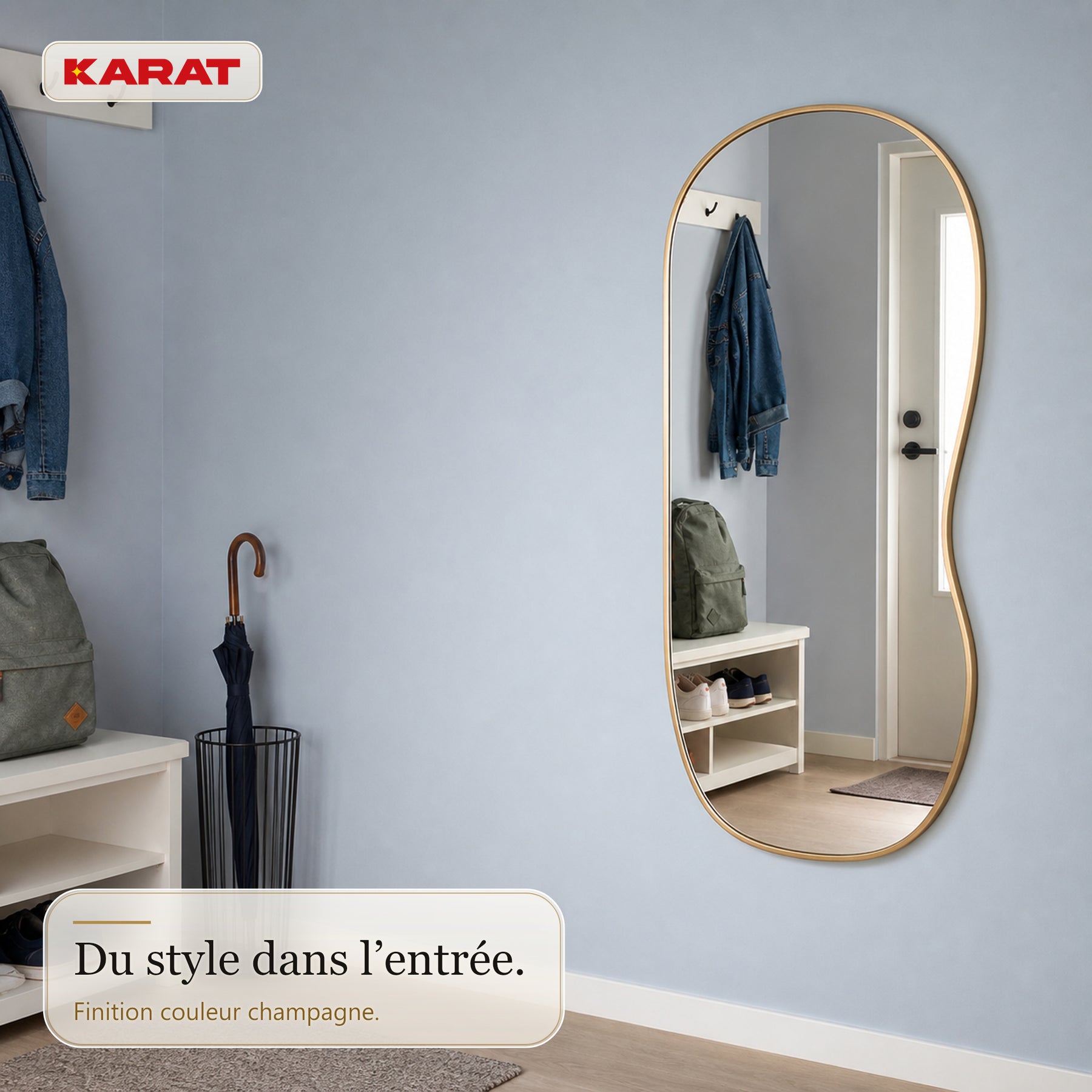Miroir mural | Serena | Miroir pleine longueur organique avec cadre en aluminium aspect bois | 60 × 120 cm