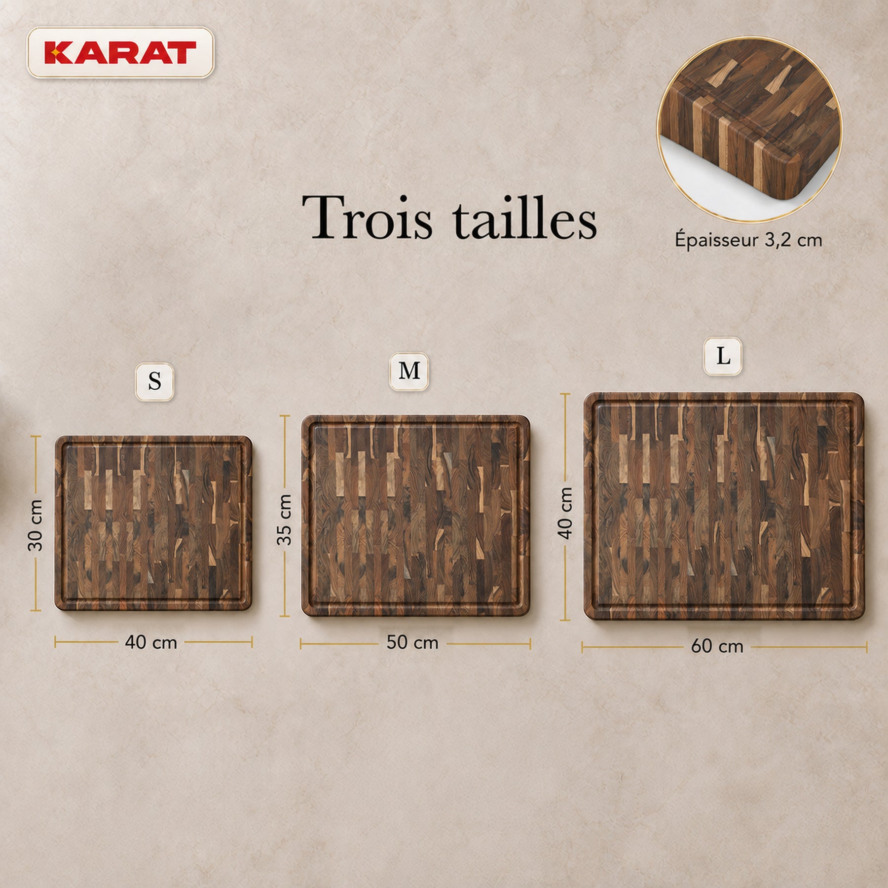 Planche à découper | Teak Royal Endgrain | Teck massif avec rainure à jus & poignées | 3 tailles