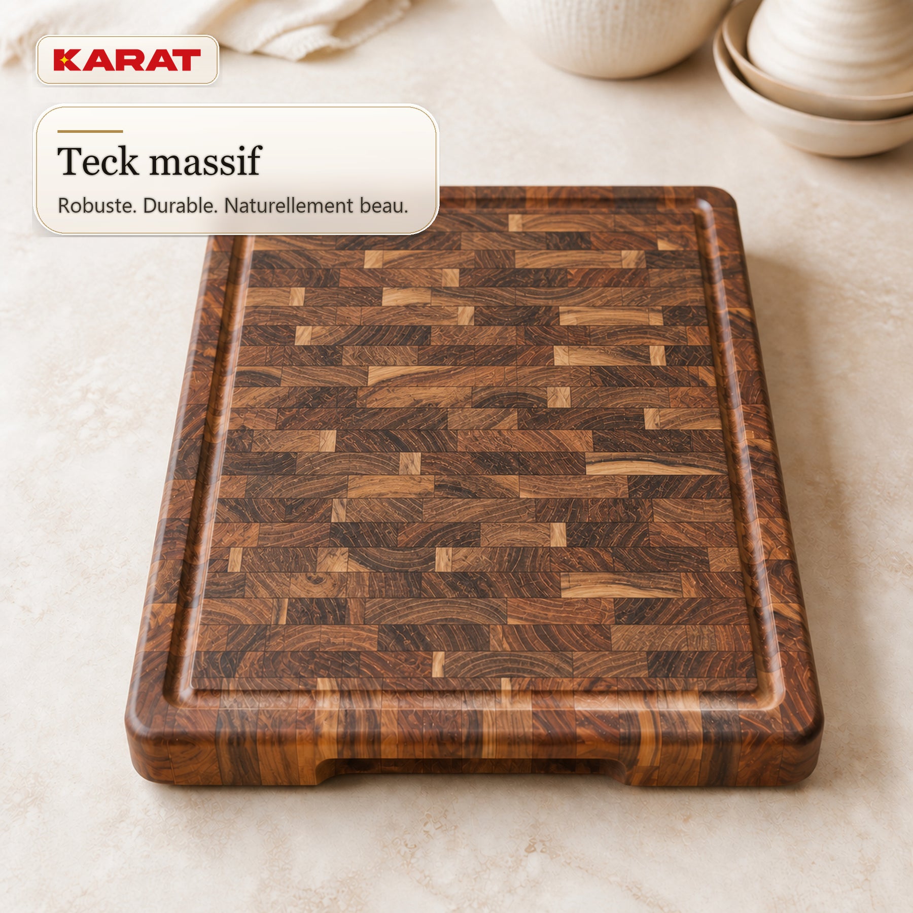 Planche à découper | Teak Royal Endgrain | Teck massif avec rainure à jus & poignées | 3 tailles