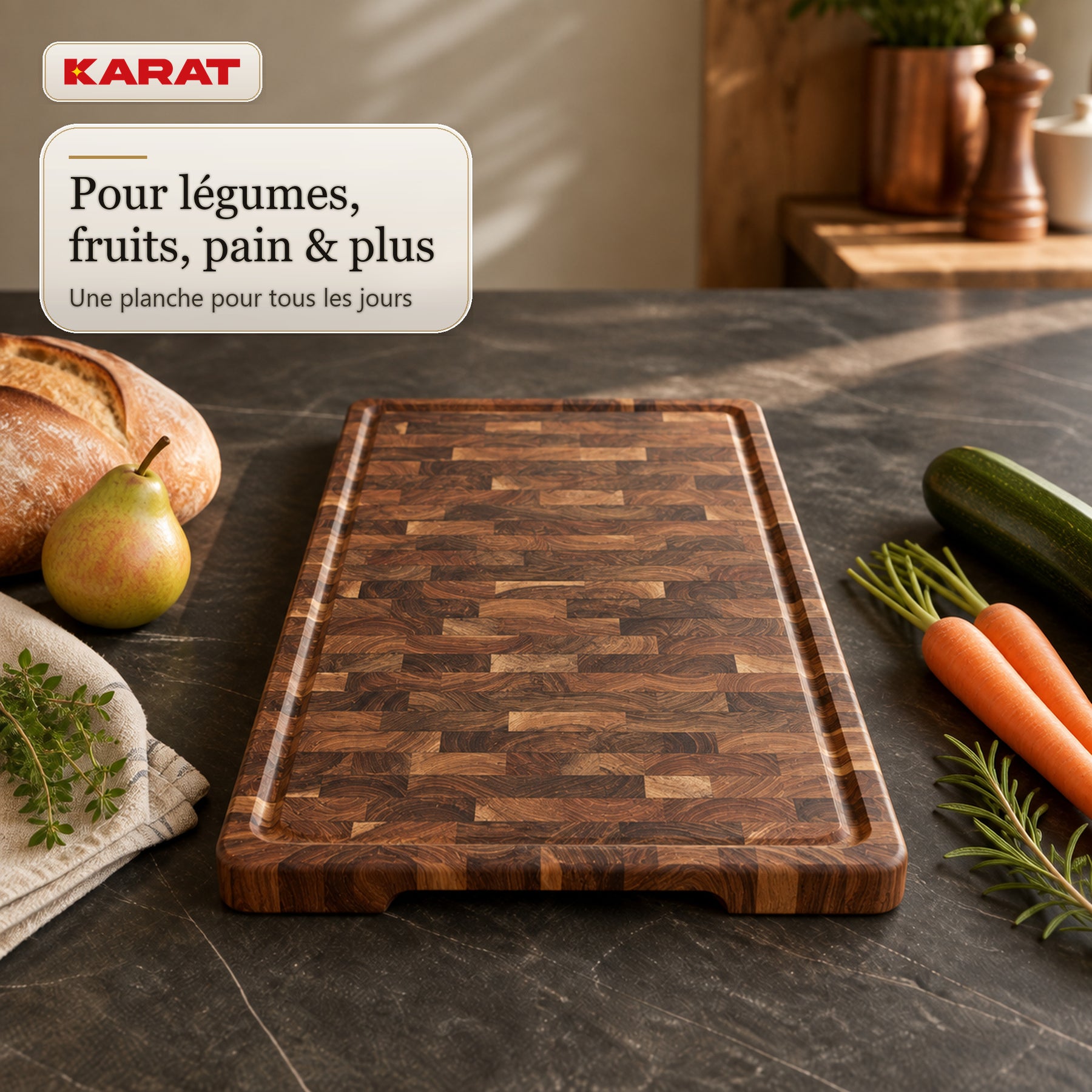 Planche à découper | Teak Royal Endgrain | Teck massif avec rainure à jus & poignées | 3 tailles