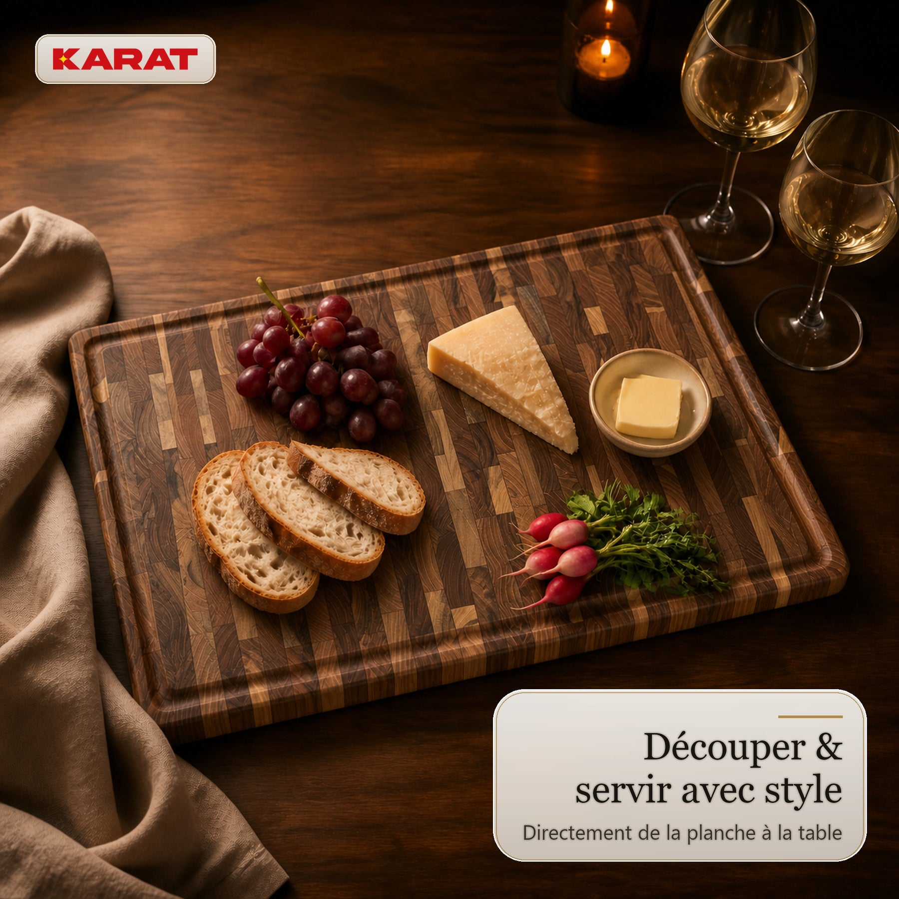 Planche à découper | Teak Royal Endgrain | Teck massif avec rainure à jus & poignées | 3 tailles
