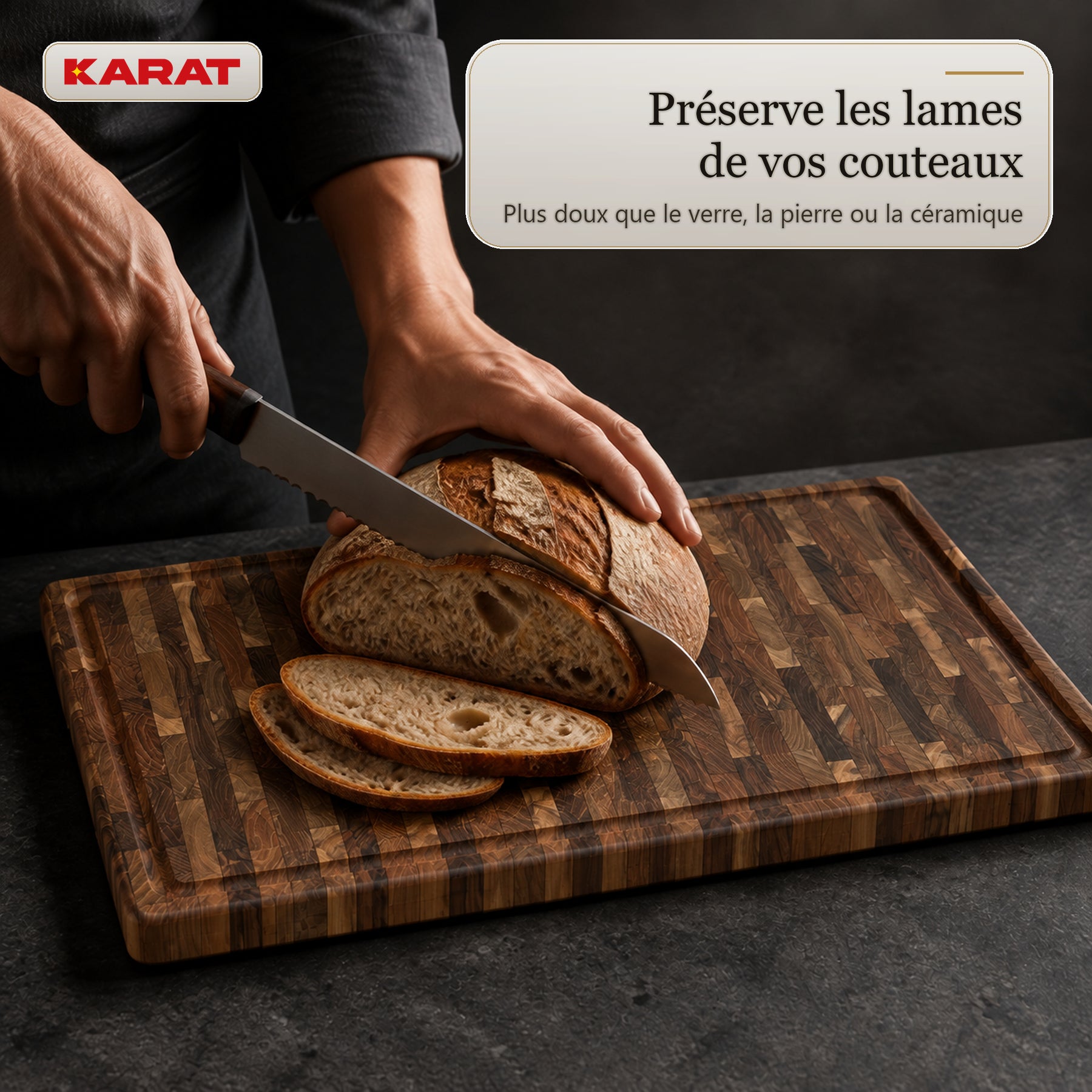 Planche à découper | Teak Royal Endgrain | Teck massif avec rainure à jus & poignées | 3 tailles