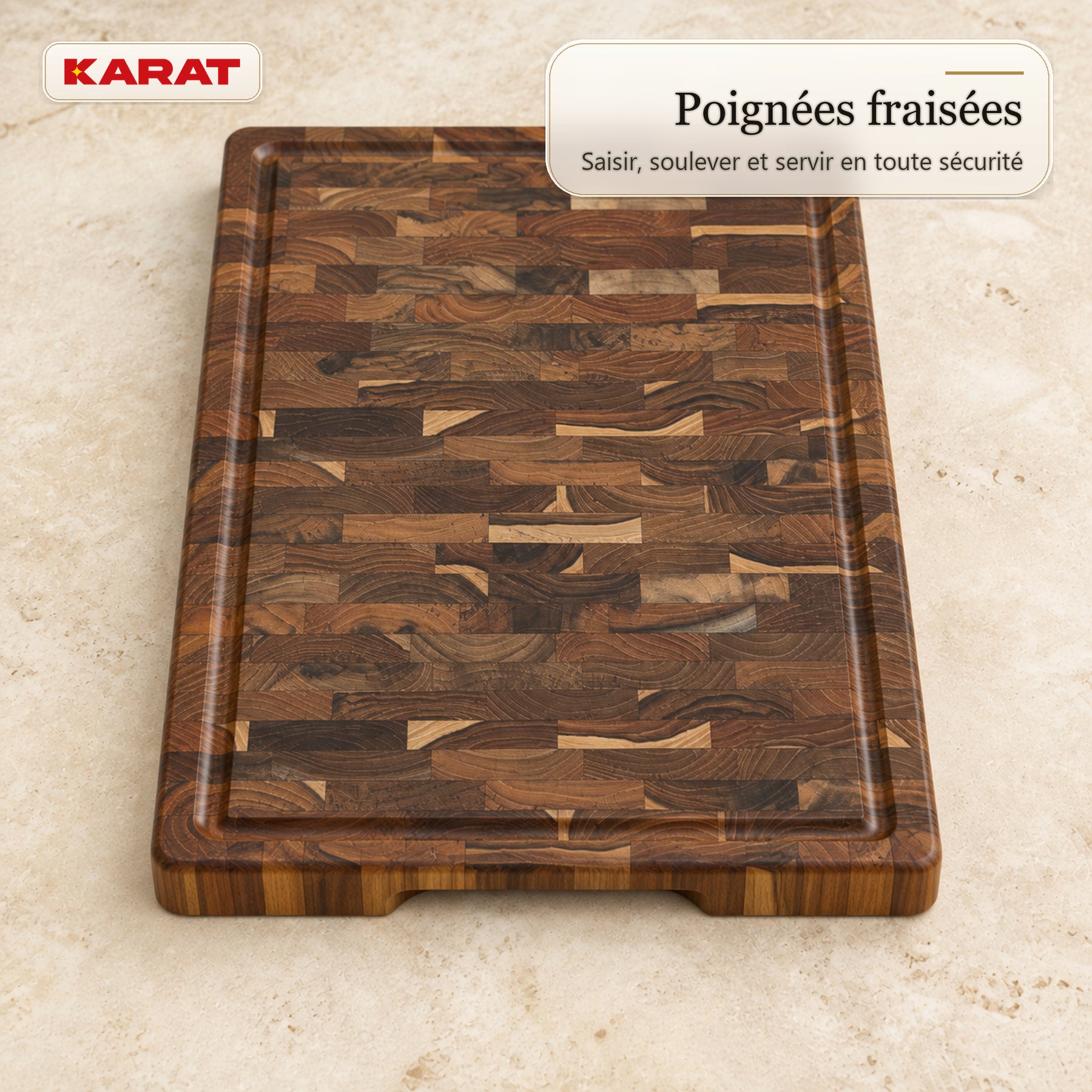 Planche à découper | Teak Royal Endgrain | Teck massif avec rainure à jus & poignées | 3 tailles