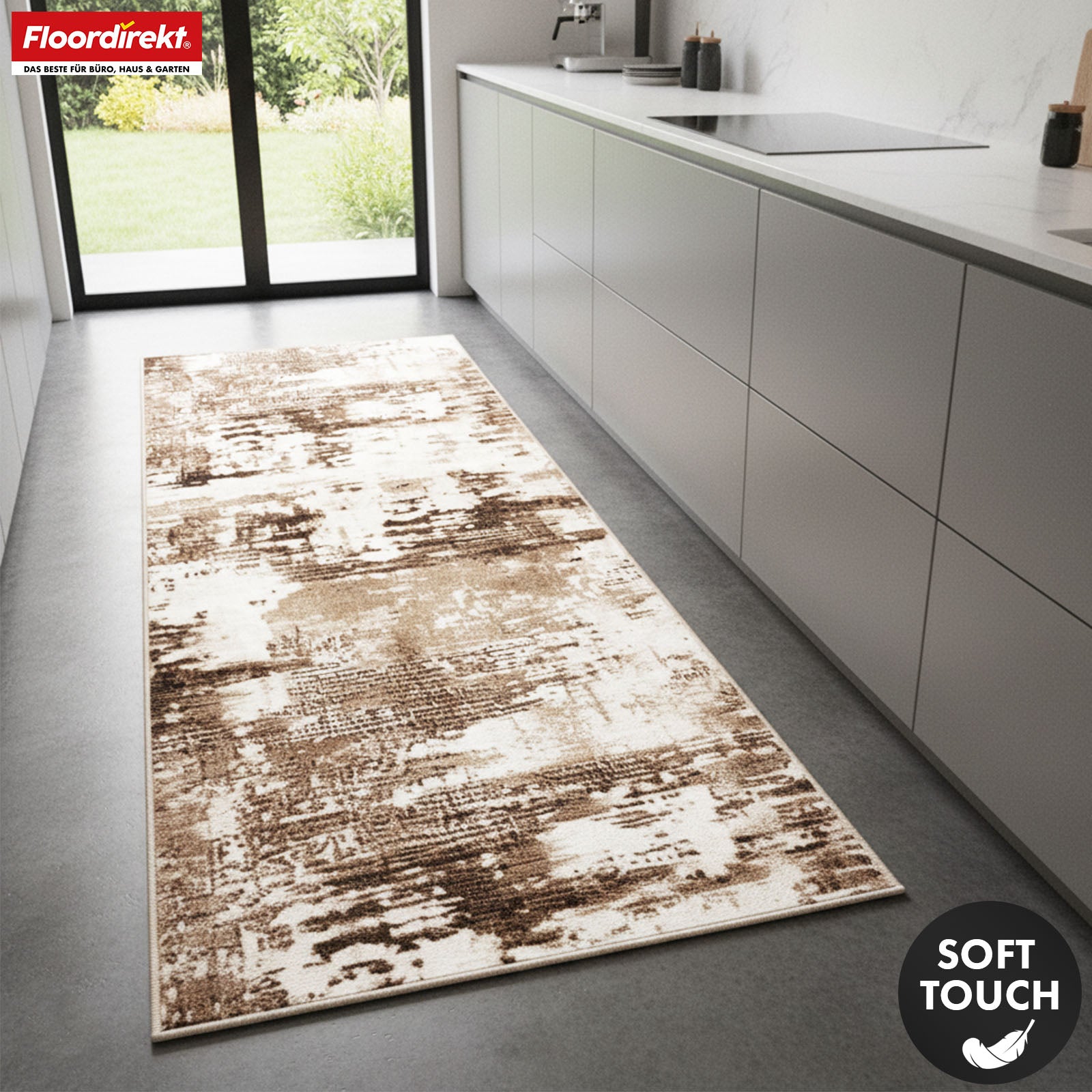Tapis de couloir | Ravena | Tapis moderne en anthracite, marron & sable | Design abstrait avec envers gel antidérapant