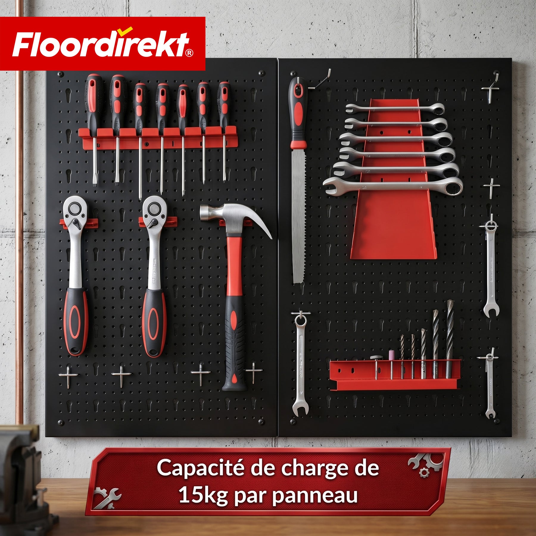 Mur à outils | Parker | Panneau perforé en métal avec accessoires | Support à outils pour atelier et garage