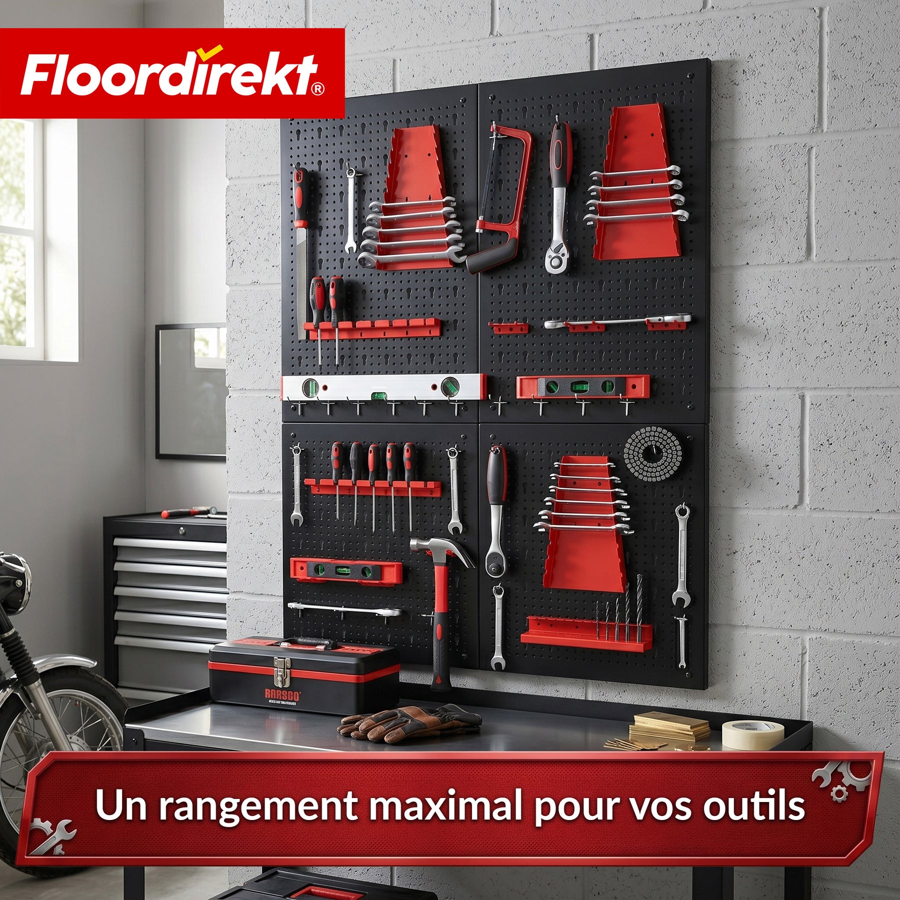 Mur à outils | Parker | Panneau perforé en métal avec accessoires | Support à outils pour atelier et garage