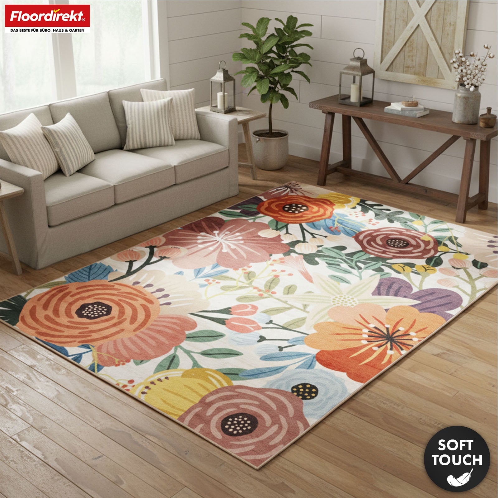Tapis de salon | Fleur | Tapis moderne à motif floral coloré | Antidérapant, résistant & facile d’entretien | Disponible en plusieurs tailles
