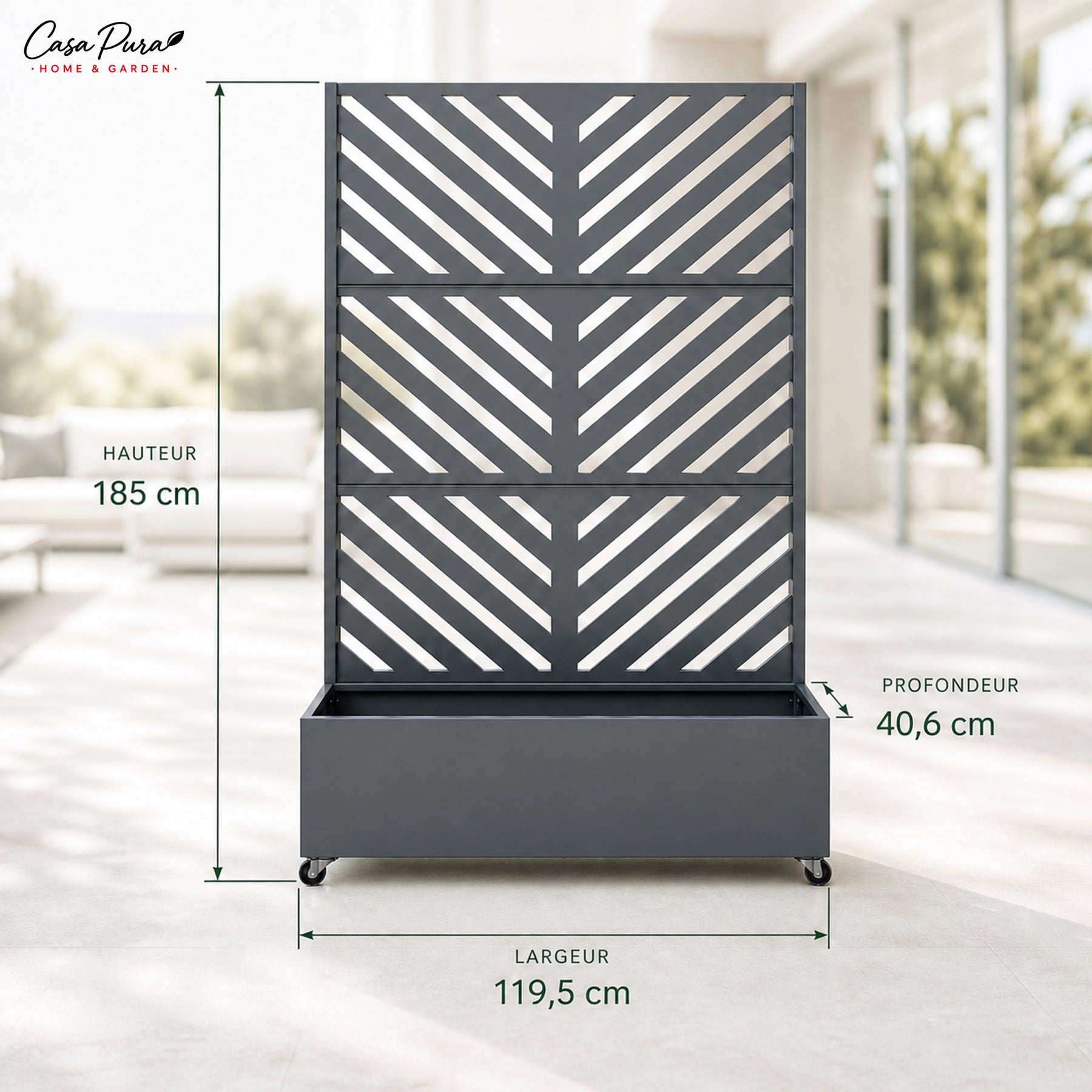Jardinière avec treillis | Floris | Brise-vue mobile en acier galvanisé | 119,5 × 40,6 × 185,5 cm