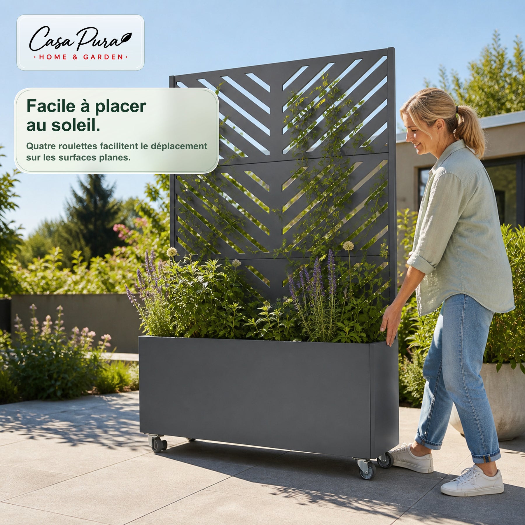 Jardinière avec treillis | Floris | Brise-vue mobile en acier galvanisé | 119,5 × 40,6 × 185,5 cm