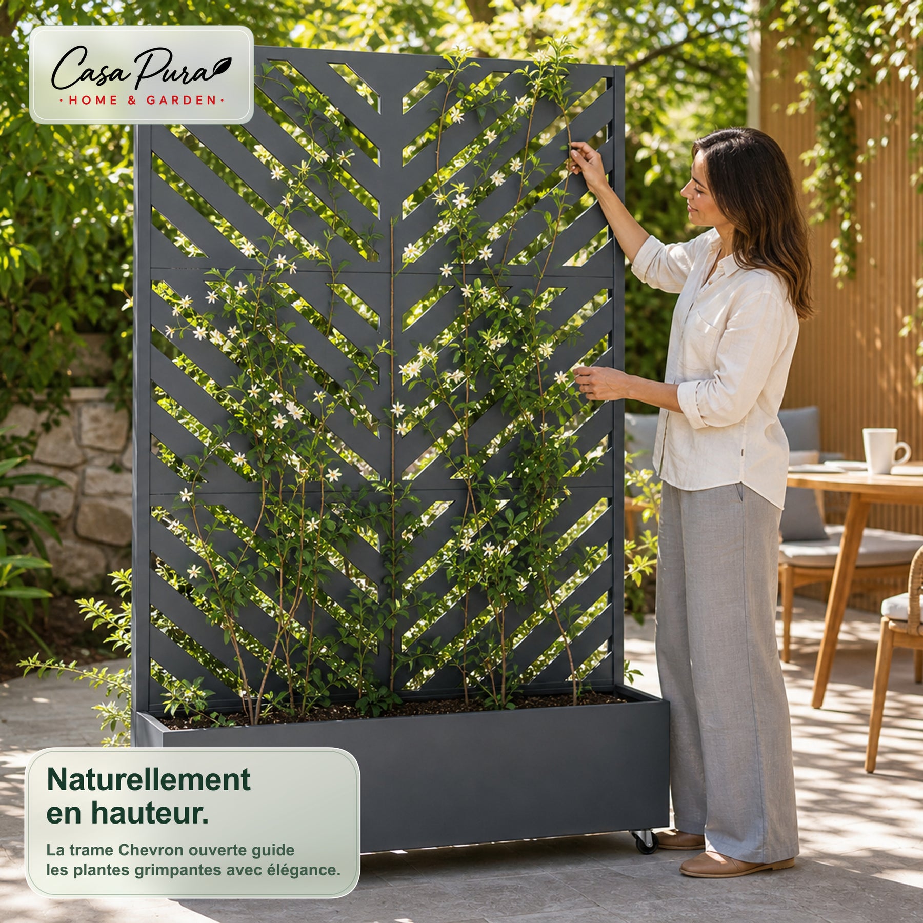 Jardinière avec treillis | Floris | Brise-vue mobile en acier galvanisé | 119,5 × 40,6 × 185,5 cm