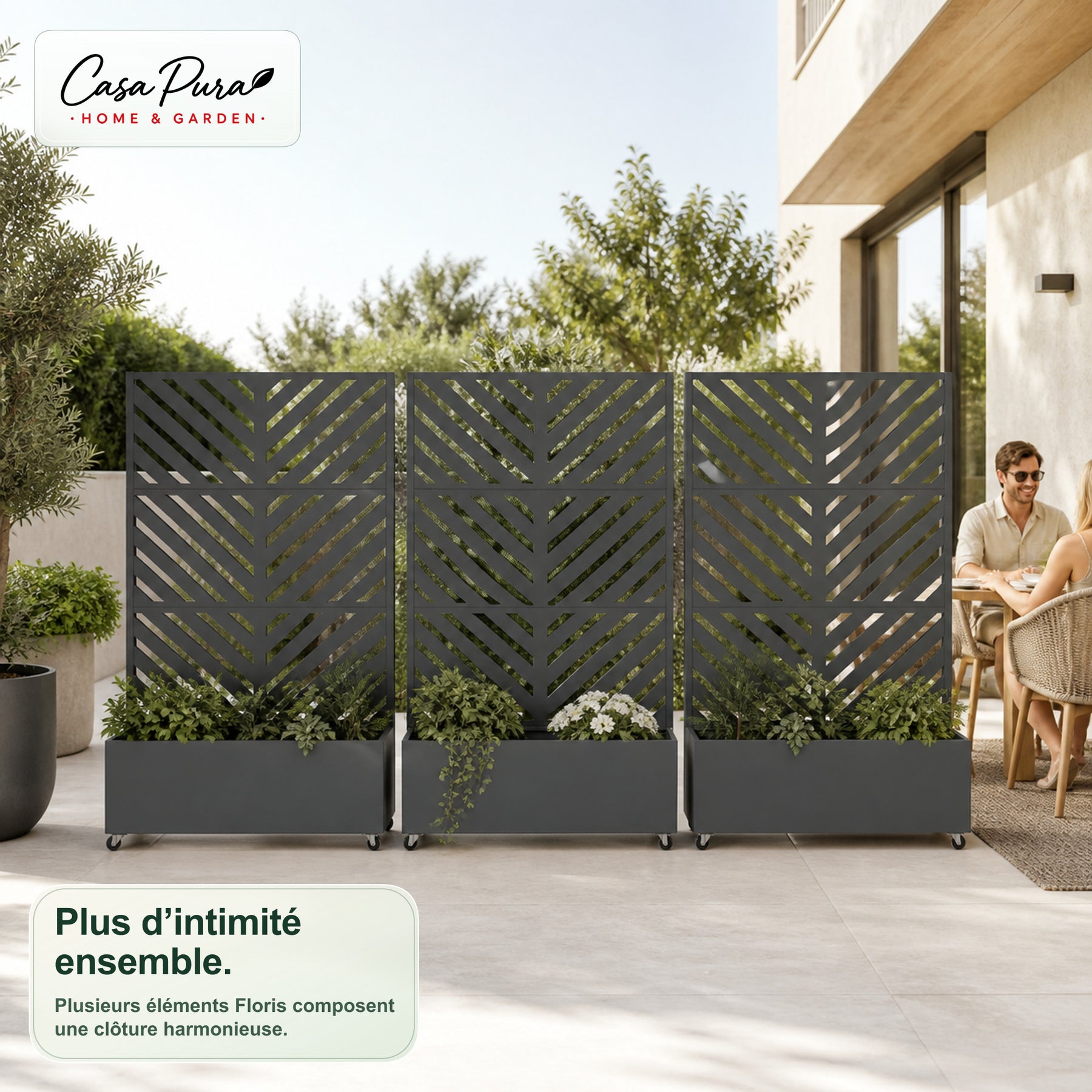 Jardinière avec treillis | Floris | Brise-vue mobile en acier galvanisé | 119,5 × 40,6 × 185,5 cm