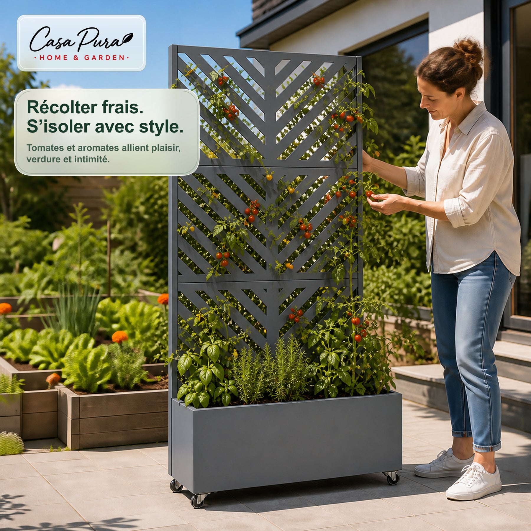 Jardinière avec treillis | Nora | Brise-vue mobile en acier galvanisé | 107,5 × 40,6 × 185 cm