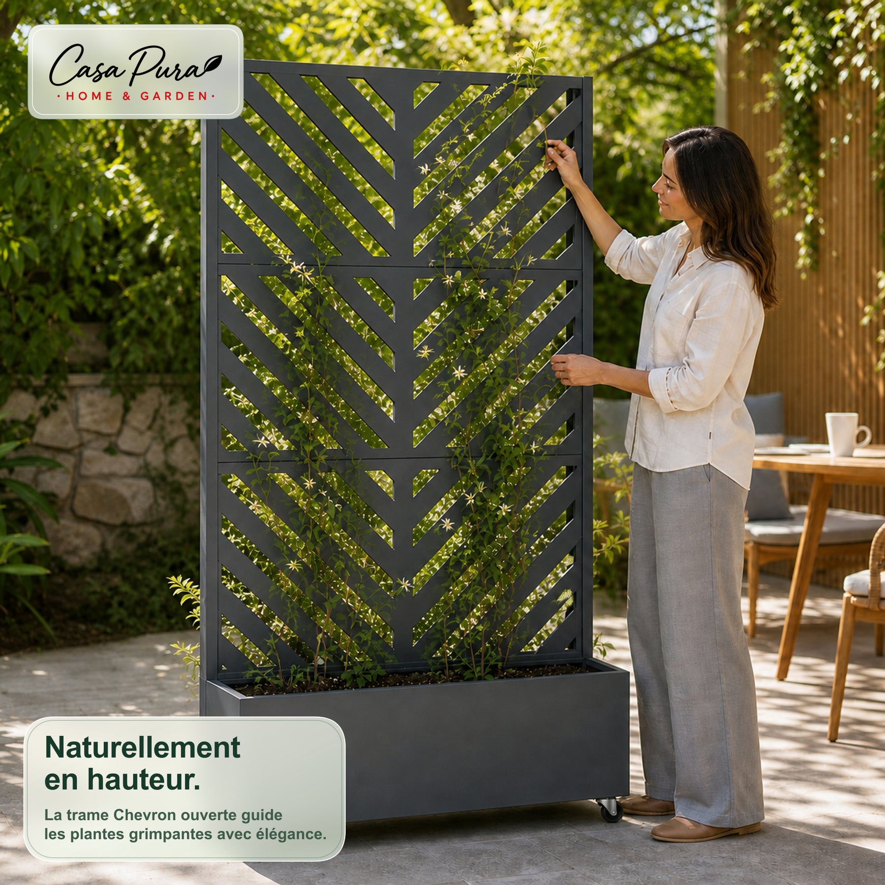 Jardinière avec treillis | Nora | Brise-vue mobile en acier galvanisé | 107,5 × 40,6 × 185 cm